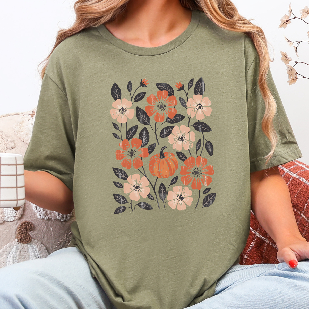 Boho Floral Fall Graphic Tee - Heather Olive