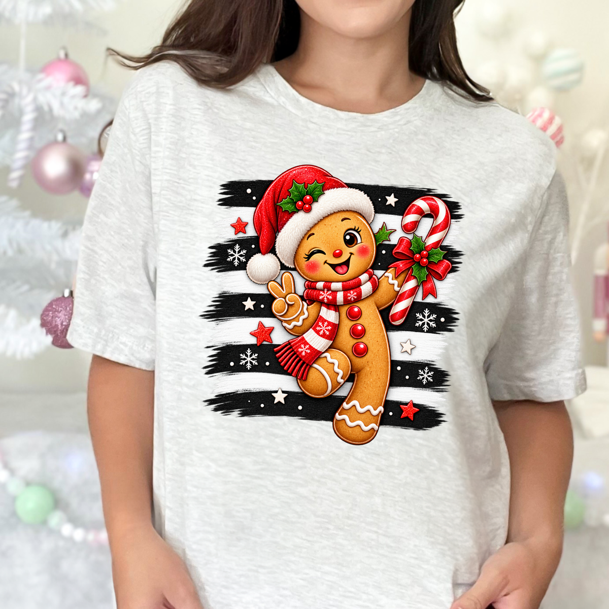 Cute Christmas Gingerbread Graphic Tee - Ash