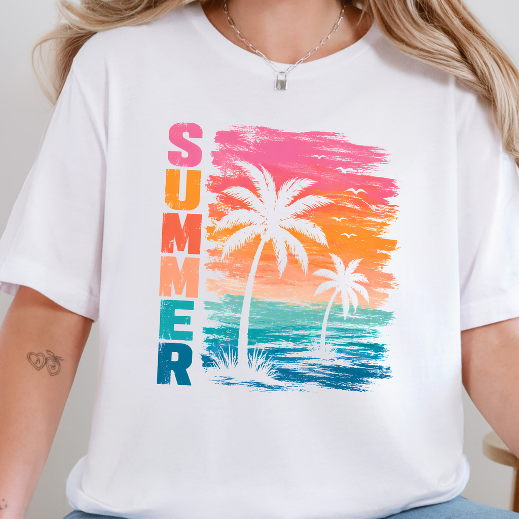 Summer Beach Sunset Graphic Tee - White