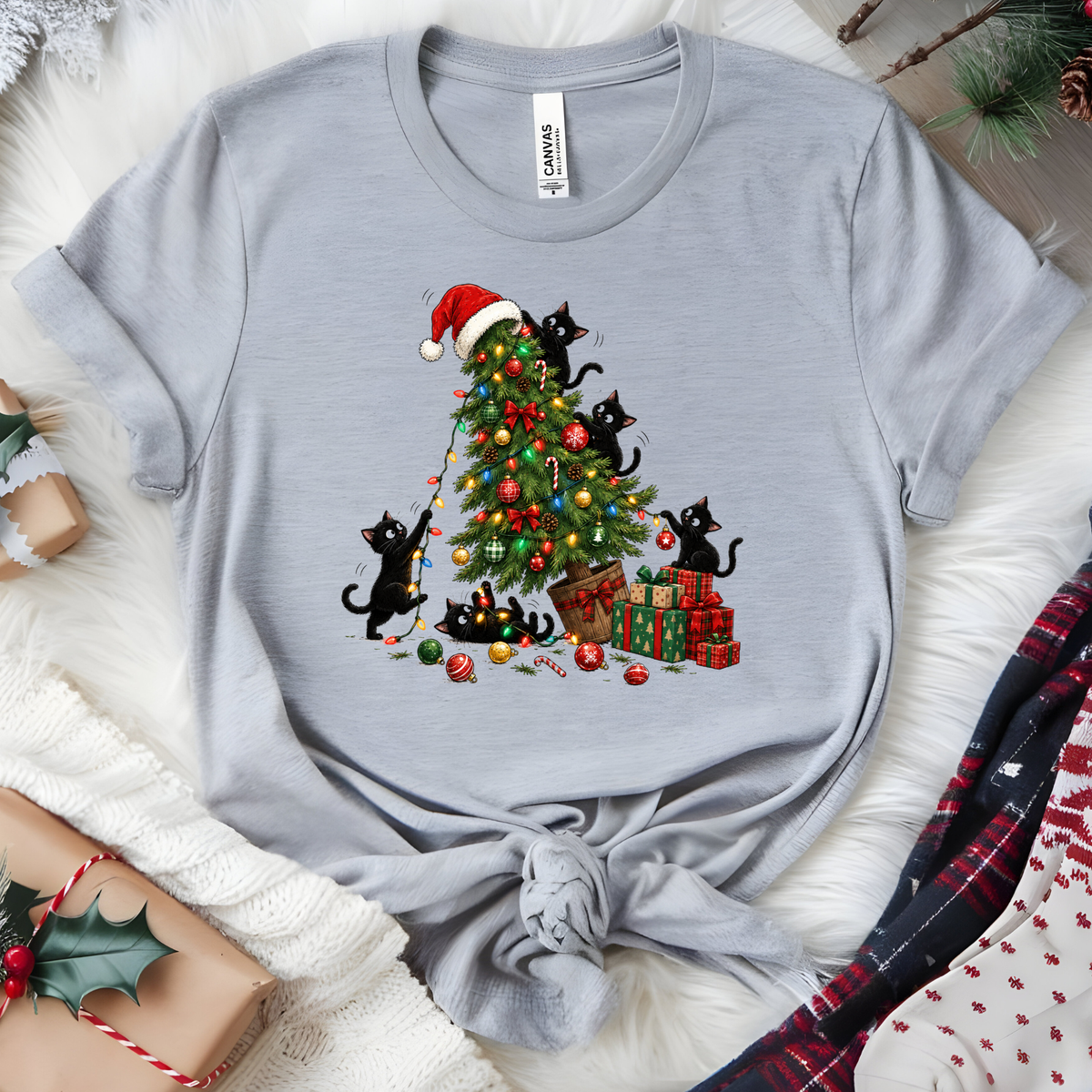 Black Cat Christmas Tree Graphic Tee - Grey