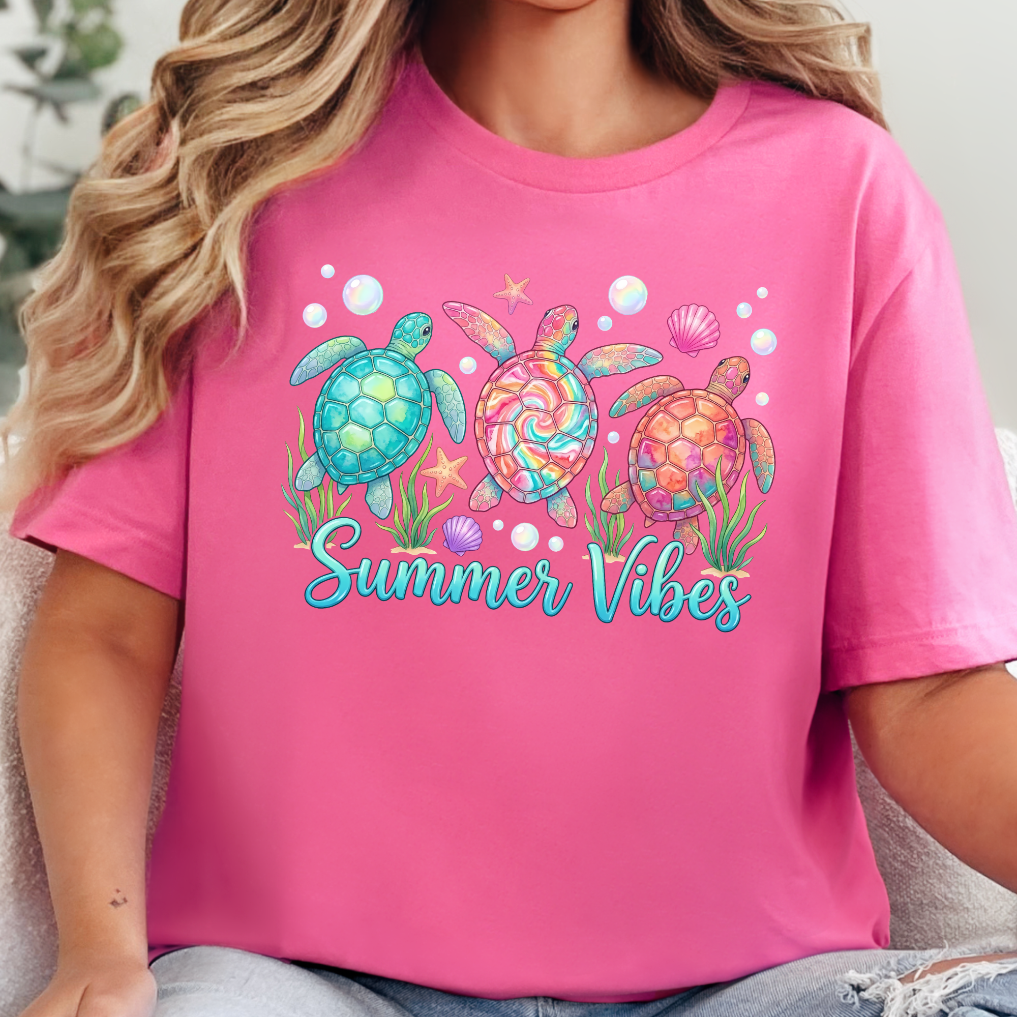 Summer Vibes Sea Turtles Graphic Tee - Charity Pink Tee