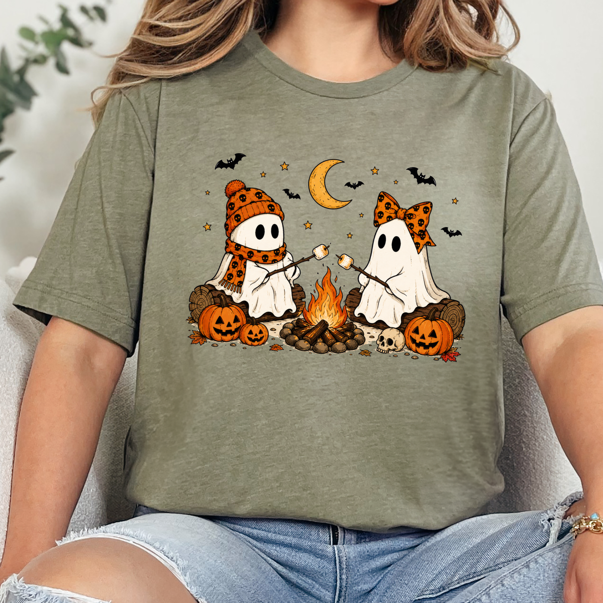 Camping Ghosts Graphic Tee - Heather Olive