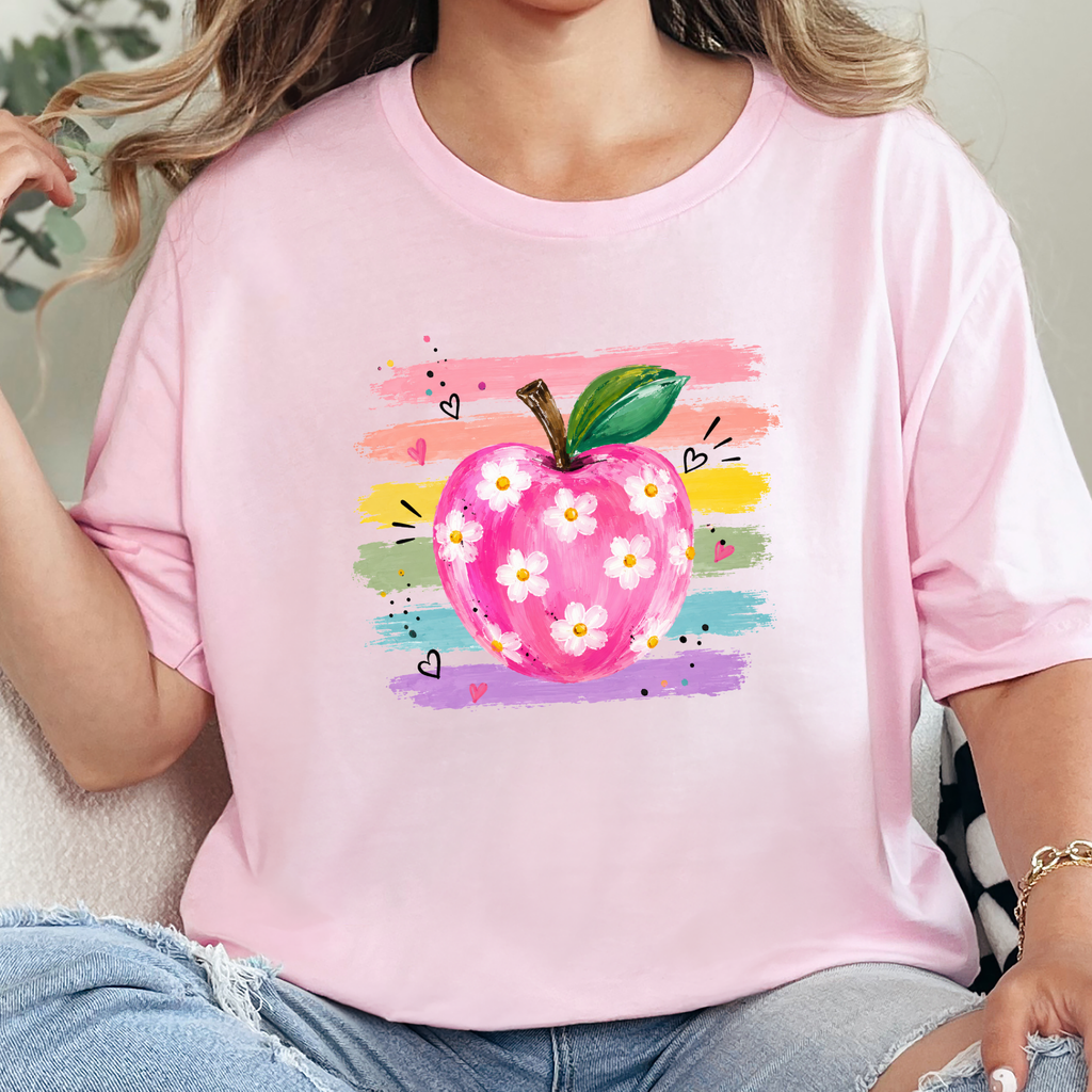 Teacher Watercolor Apple Graphic Tee - Soft Pink