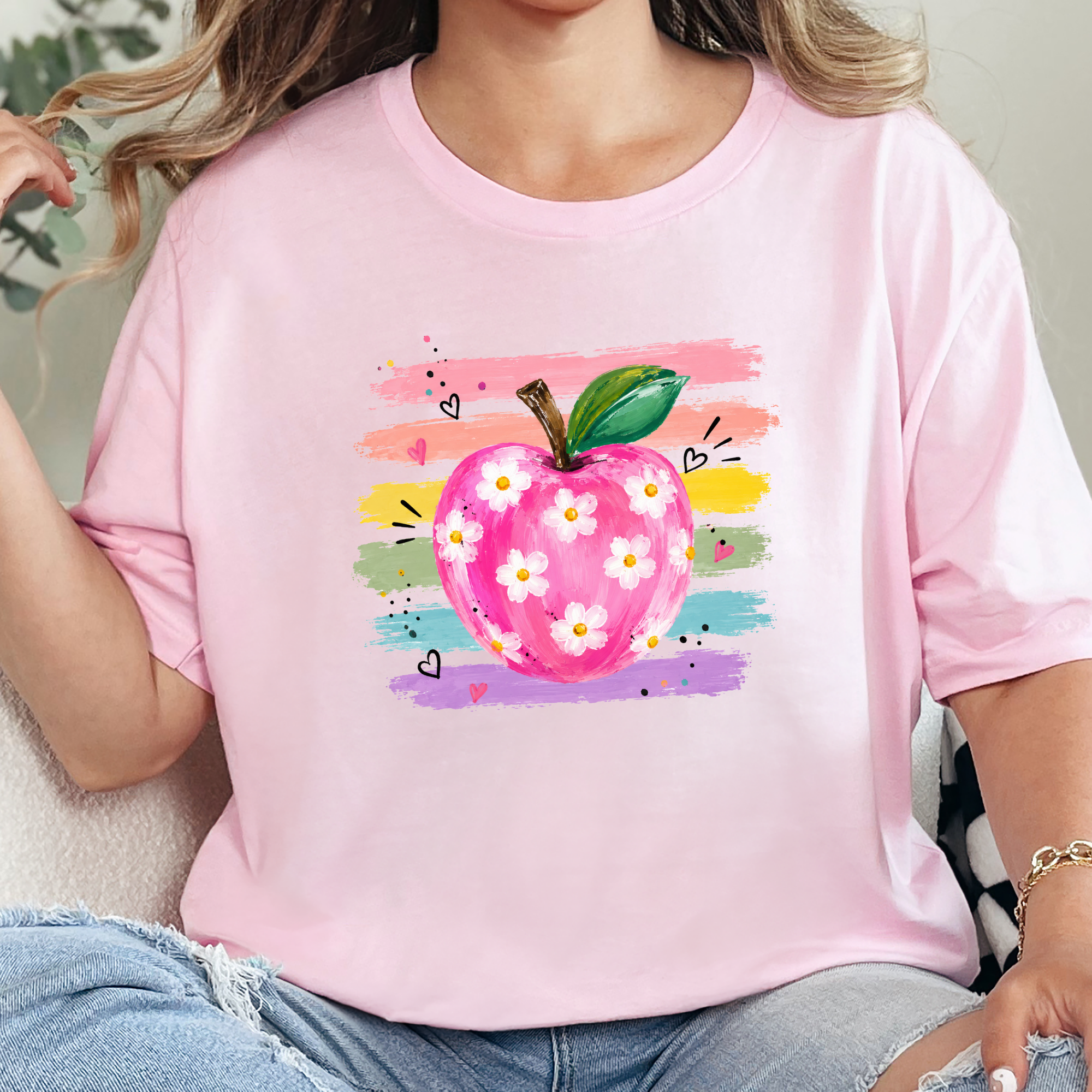 Teacher Watercolor Apple Graphic Tee - Soft Pink