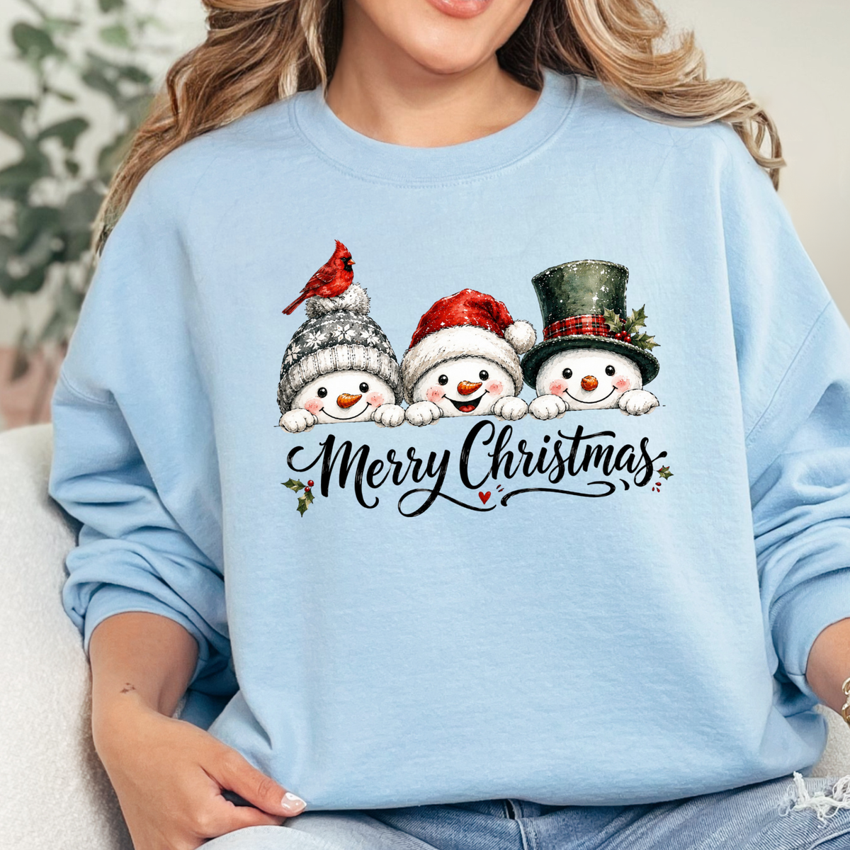 Christmas Snowman Trio Graphic Sweatshirt - Light Blue