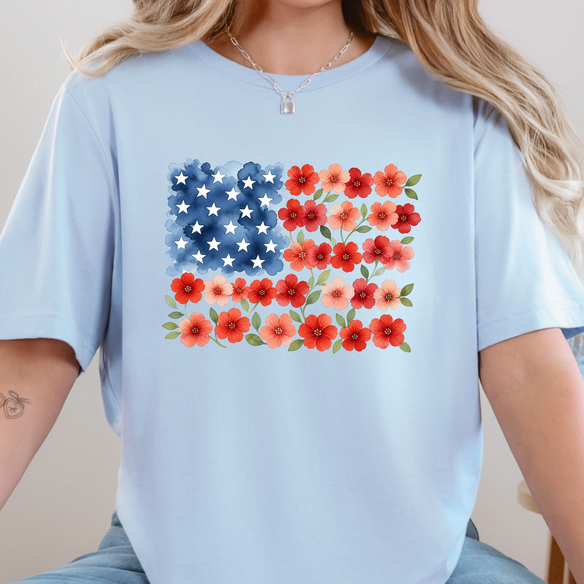 Floral American Flag Graphic Tee - Baby Blue