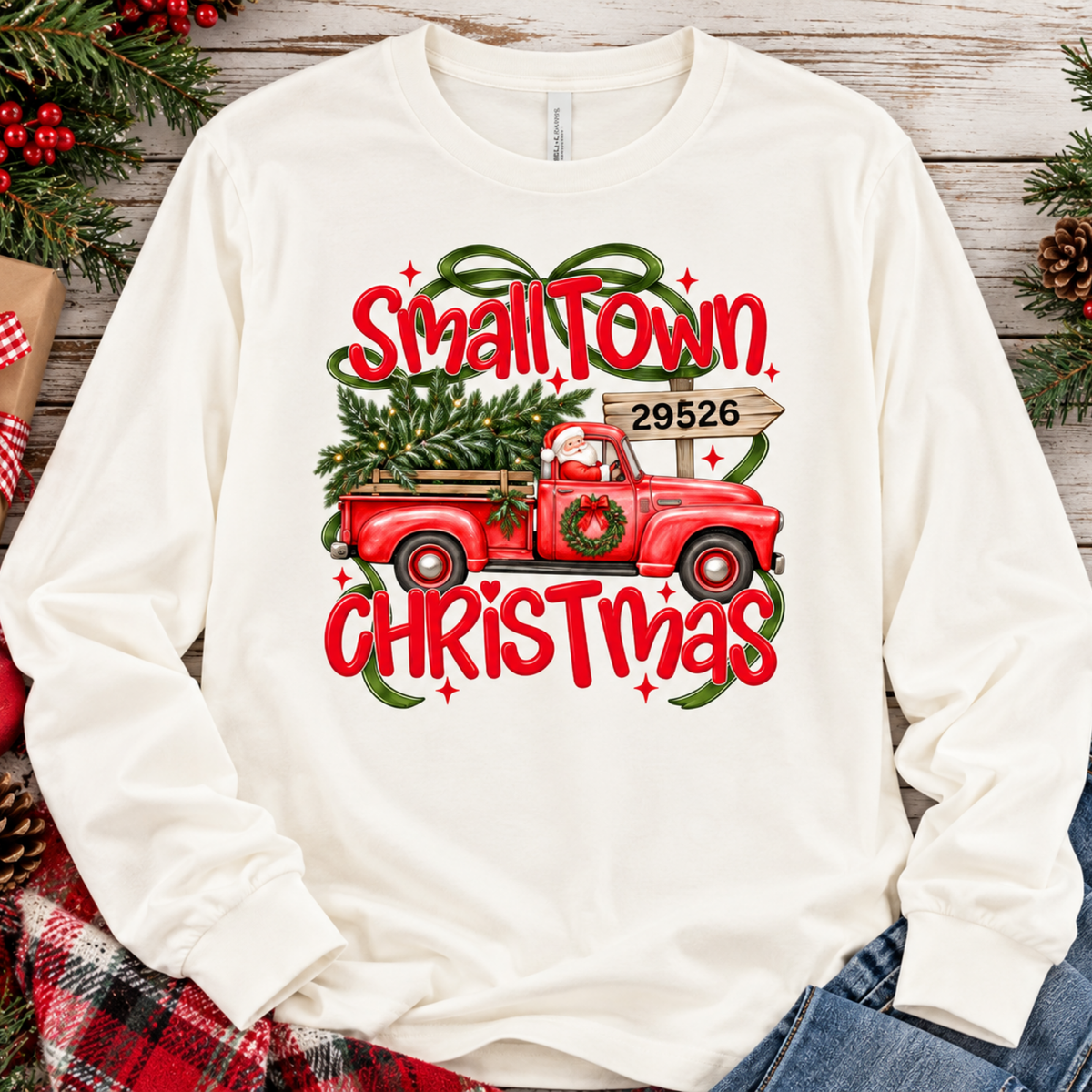 Custom Small-Town Christmas Truck with Santa Graphic LONG sleeve tee. - Natural