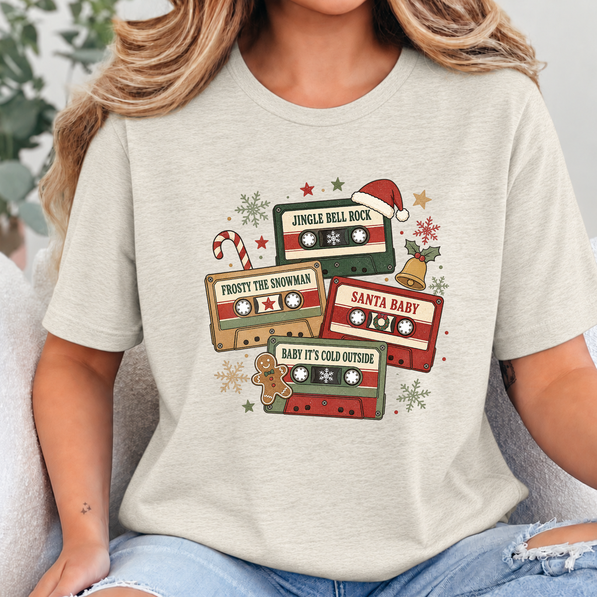 Vintage Christmas Cassettes Graphic Tee - Heather Oatmeal