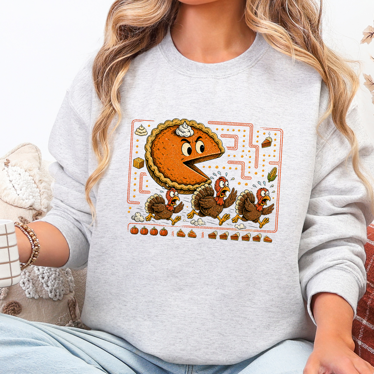 Thanksgiving Pie Chasing Turkey Graphic Sweatshirt - Ash