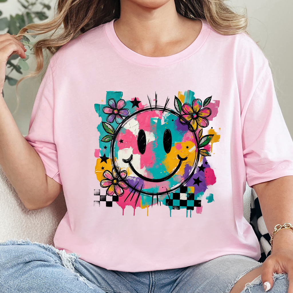 Floral Happy Face Graphic Tee - Soft Pink Tee