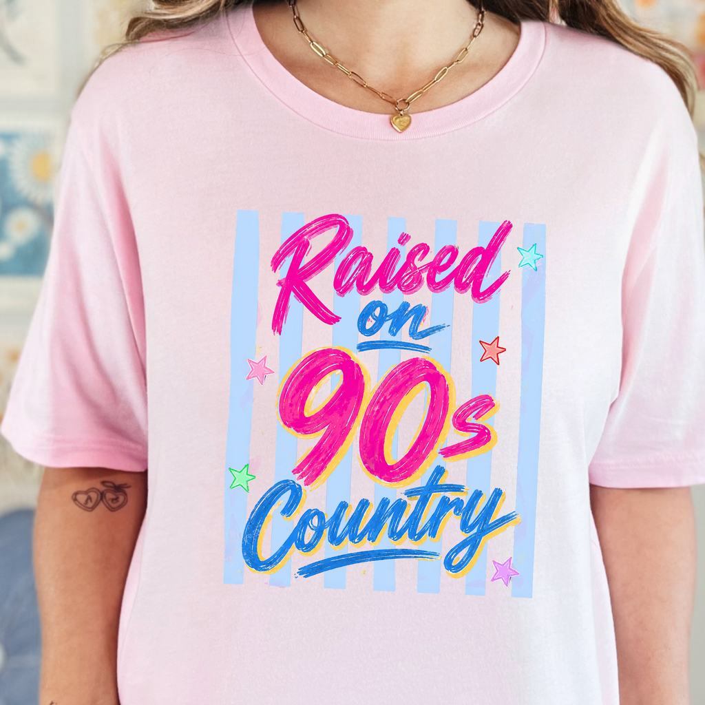 Raised on 90s Country Stripes Graphic Tee - Soft Pink