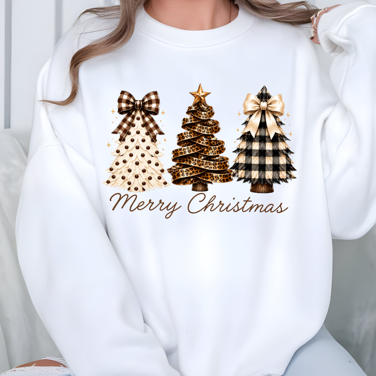 Rustic Plaid Christmas Trees Graphic Sweatshirt - White