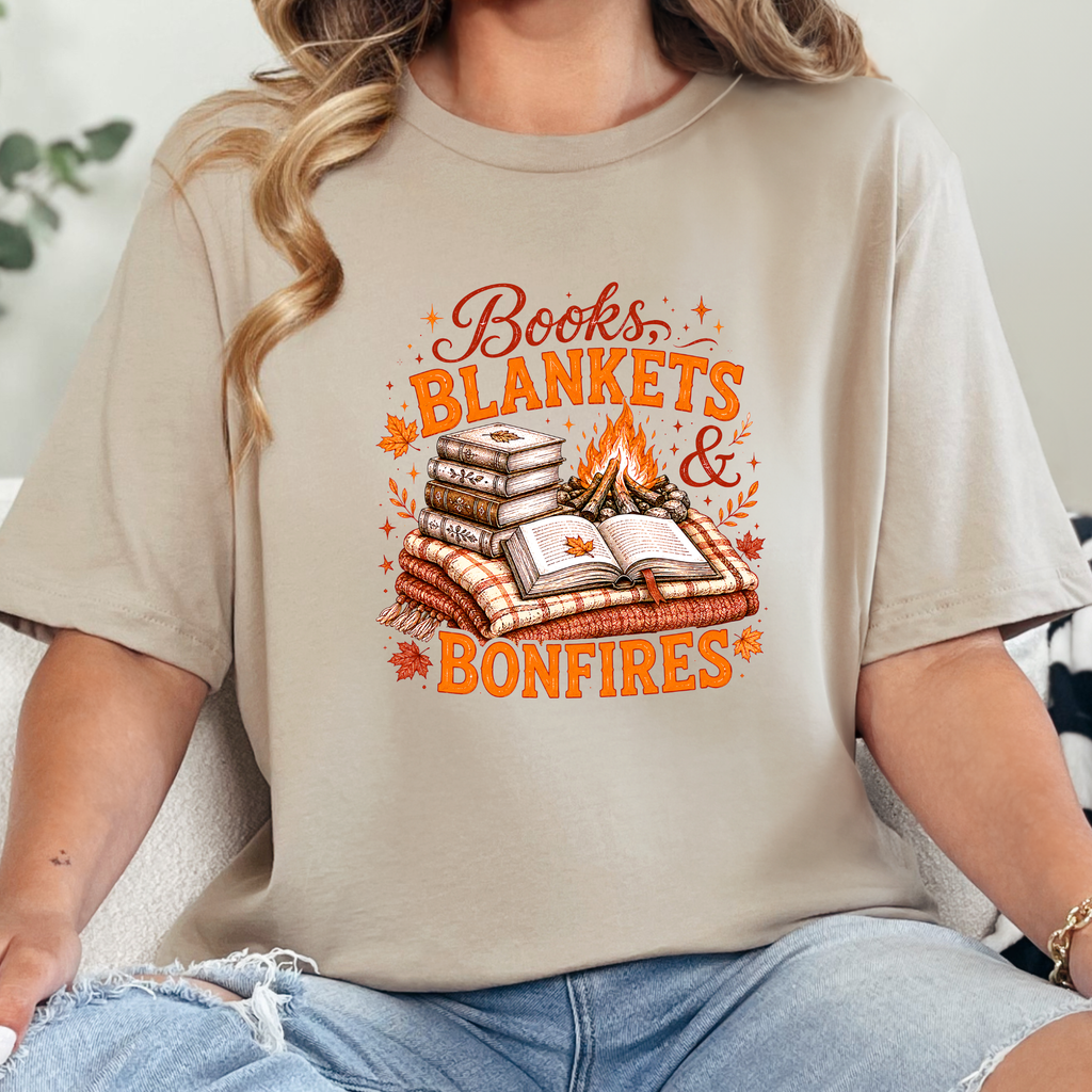 Books, Blankets & Bonfires Graphic Tee - Tan