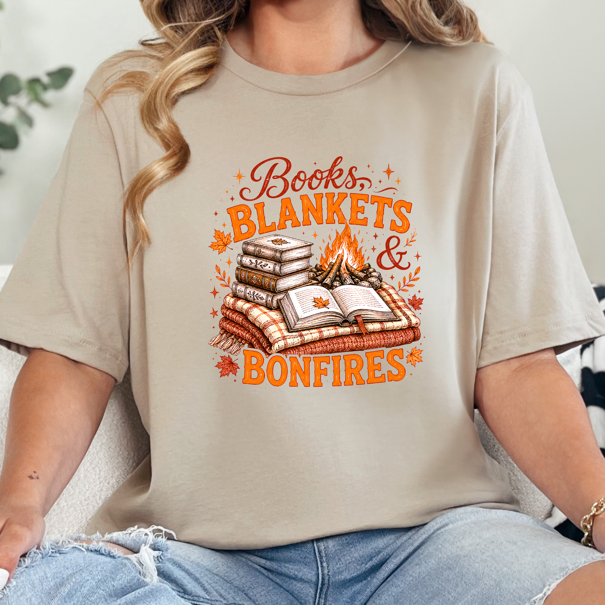 Books, Blankets & Bonfires Graphic Tee - Tan