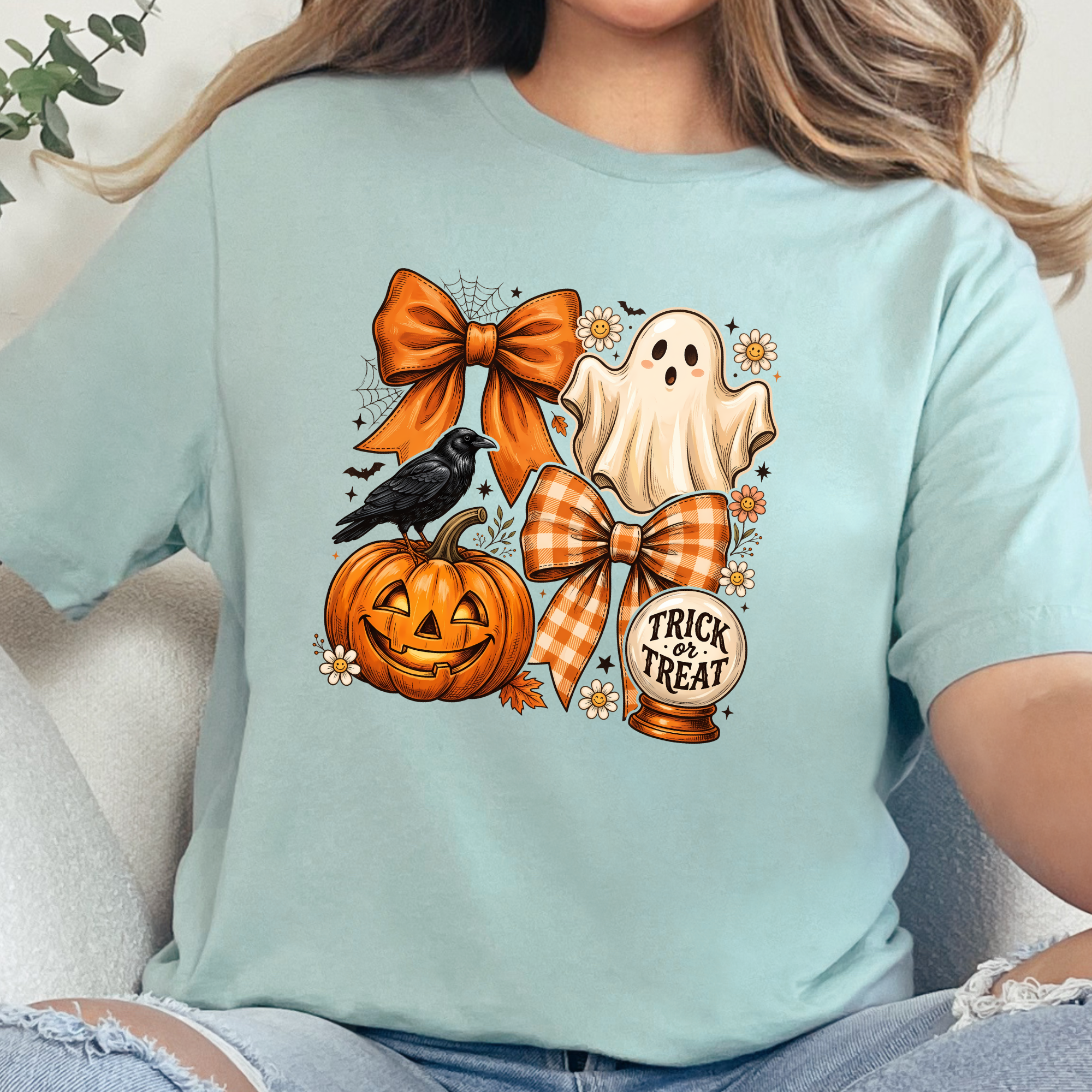 Preppy Halloween Coquette Ghost Graphic Tee - Dusty Blue