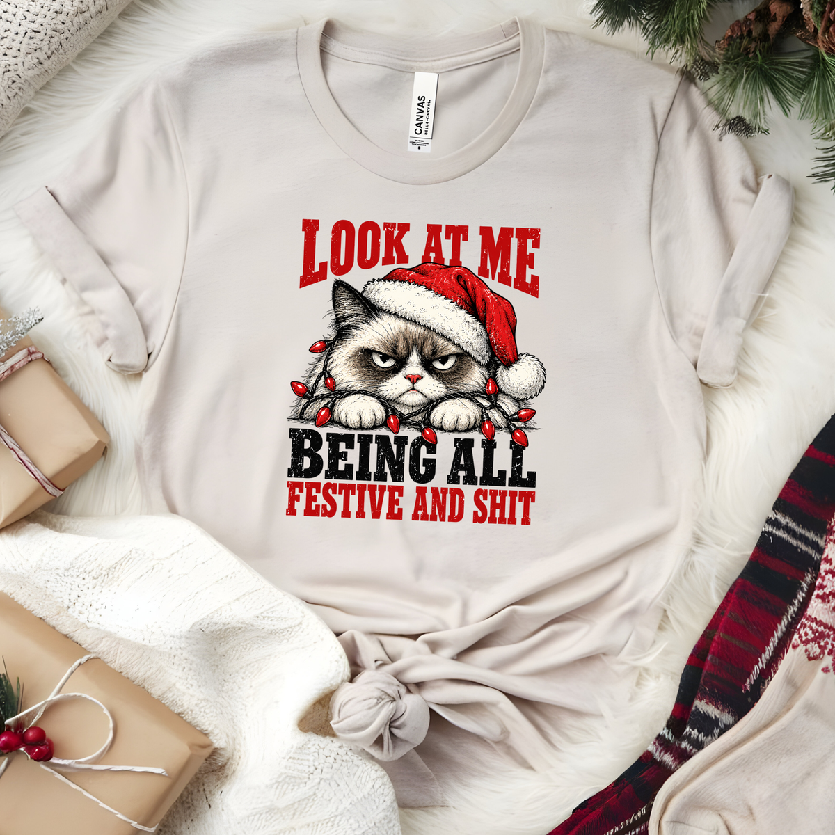 Grumpy Christmas Cat Graphic Tee - Heather Dust