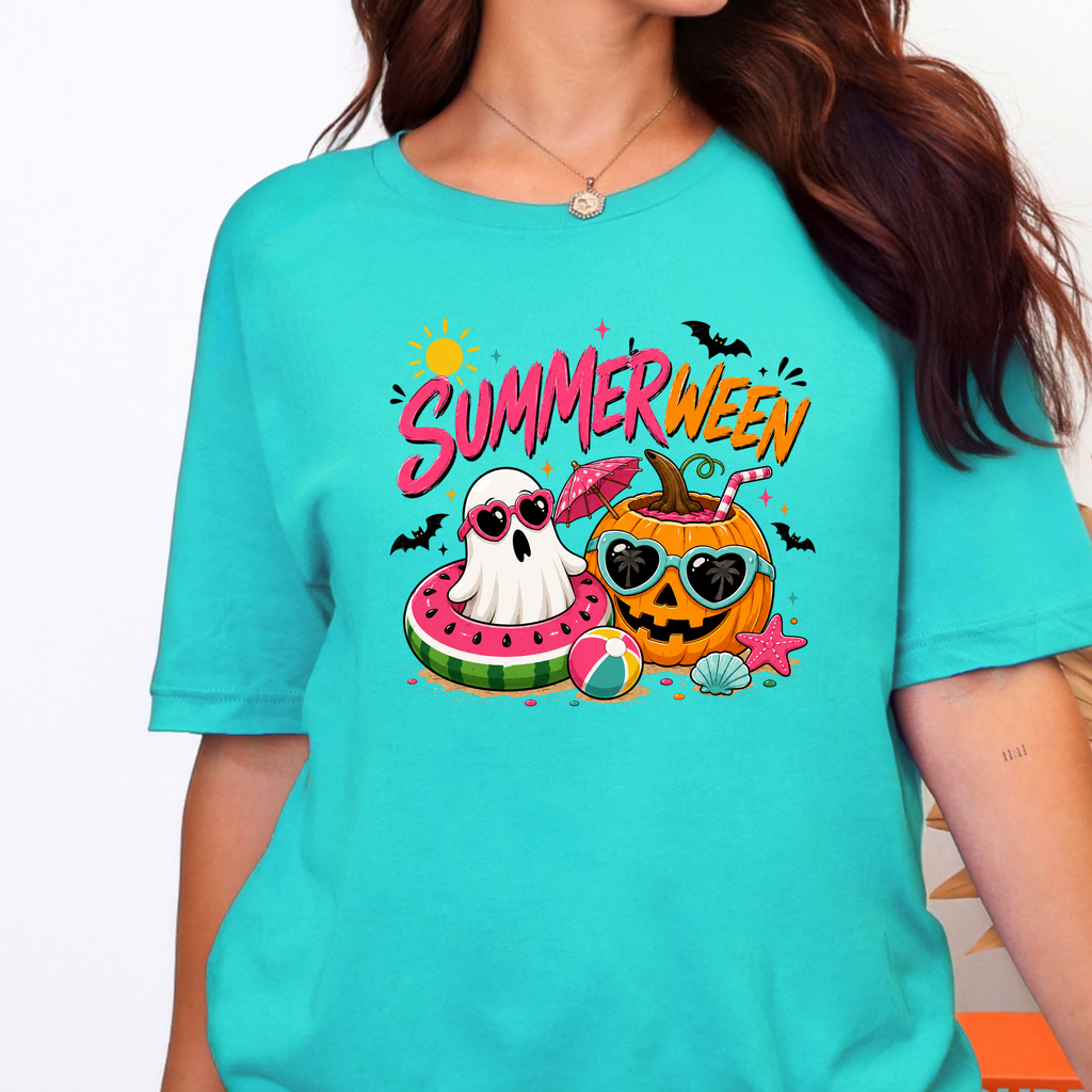 Summerween Ghost Graphic Tee - Heather Sea Green