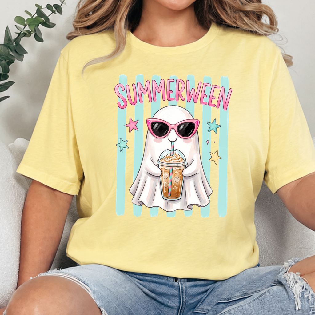 Preppy Summerween Ghost Graphic Tee - Heather French Vanilla