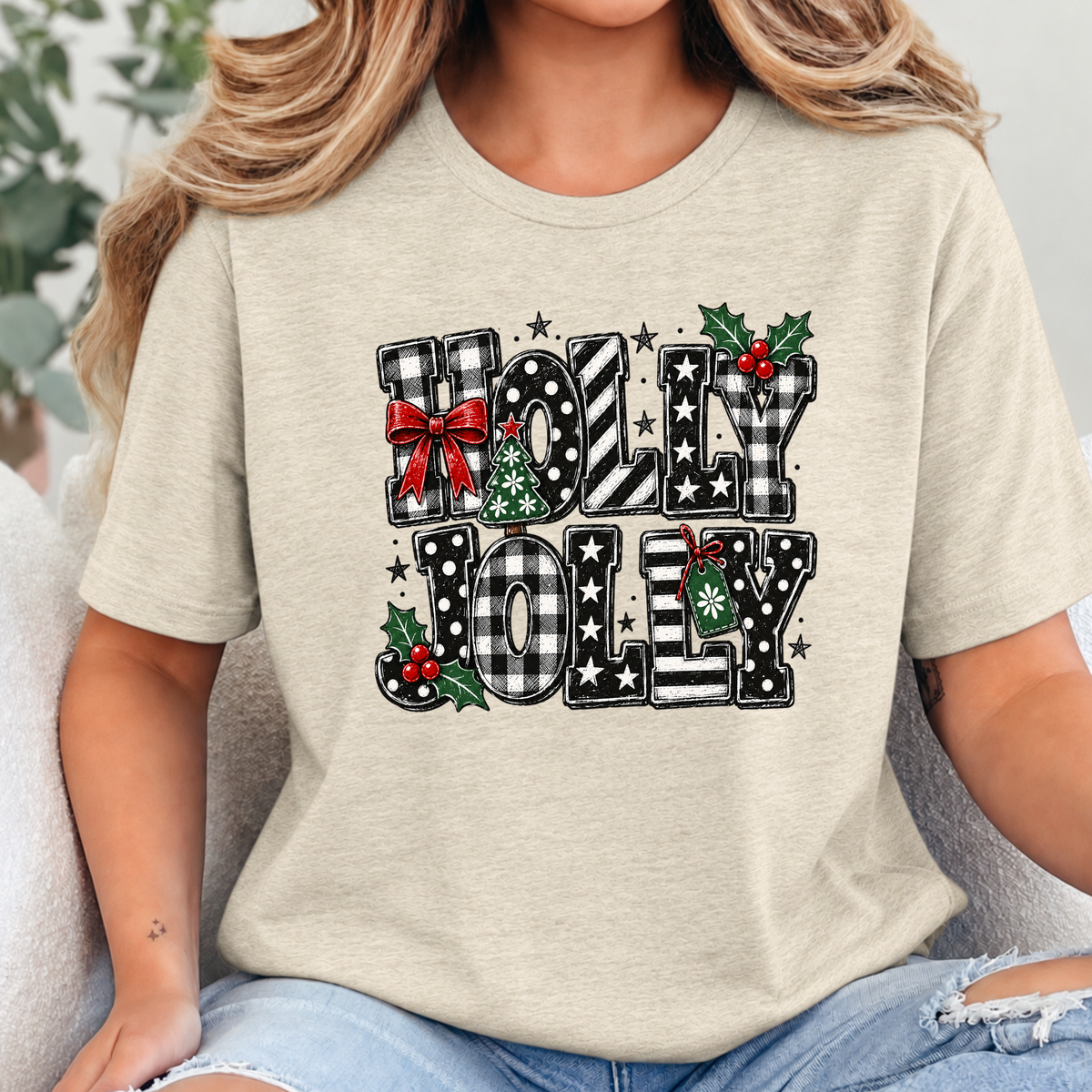 Holly Jolly Plaid Christmas Graphic Tee - Soft Cream