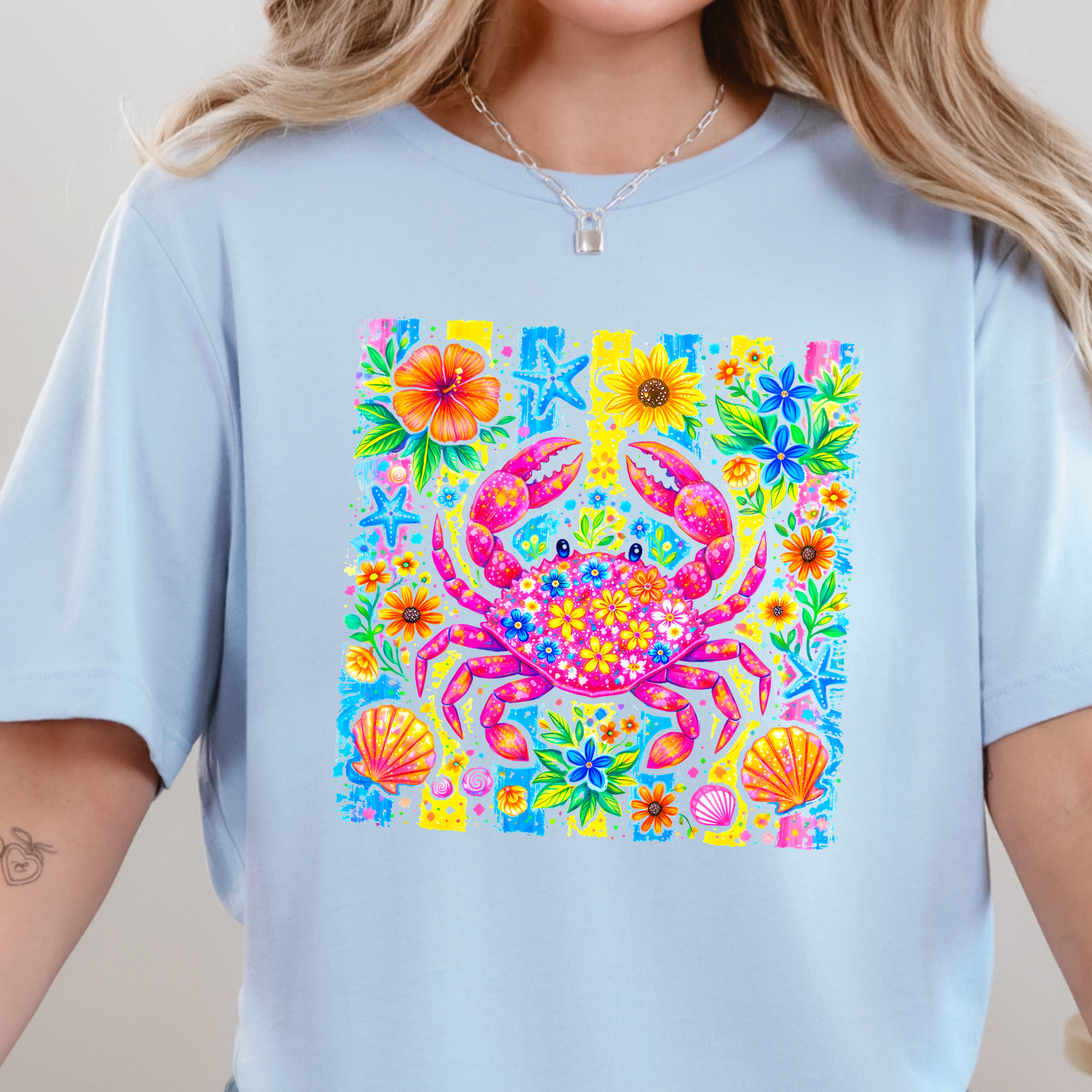 Preppy Summer Crab Graphic Tee - Baby Blue