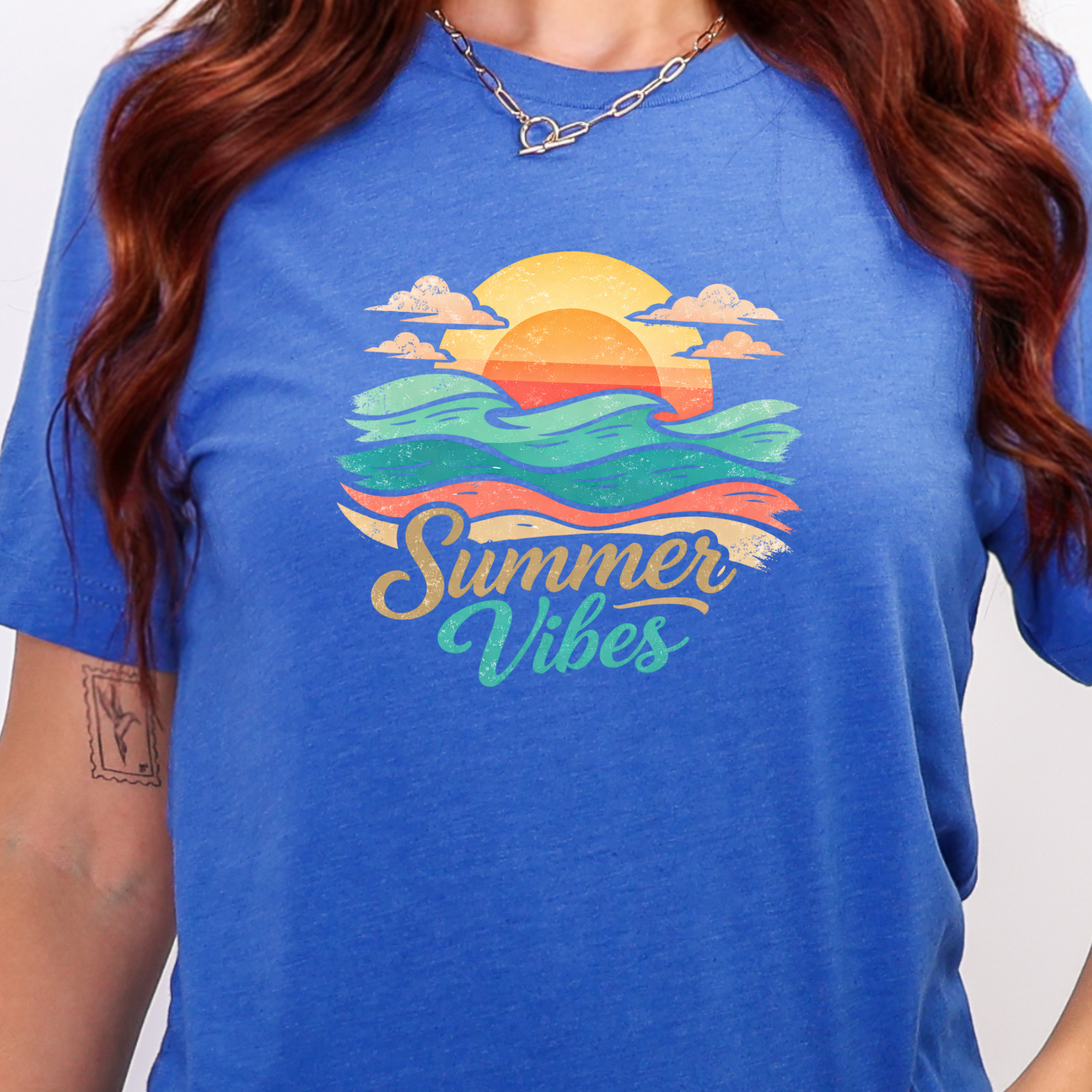Summer Vibes Sunset Graphic Tee - Heather True Royal