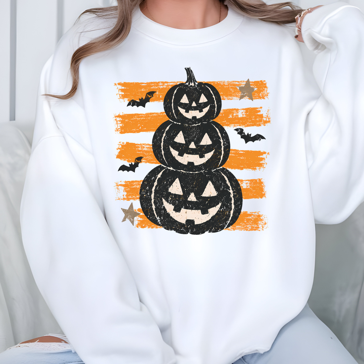 Retro Vintage Halloween Pumpkin Graphic Sweatshirt - White
