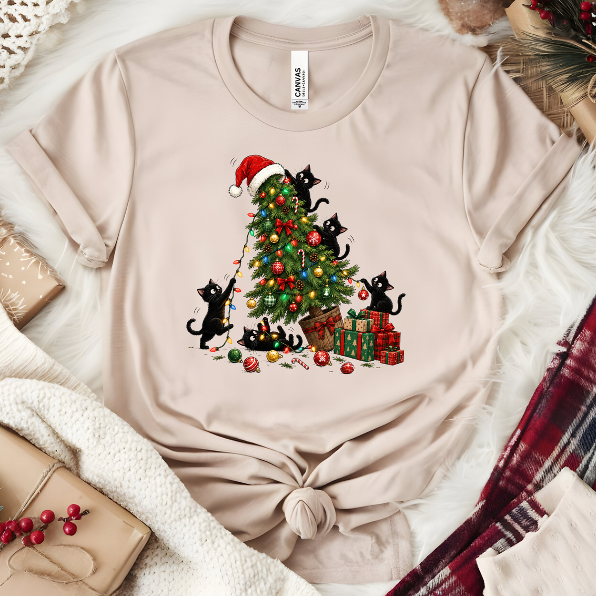 Black Cat Christmas Tree Graphic Tee - Heather Dust