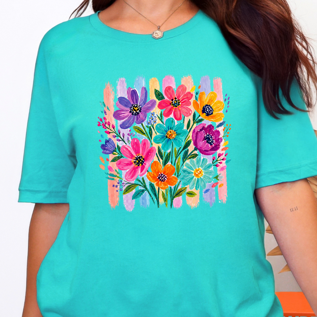 Boho Floral Brushstroke Graphic Tee - Heather Sea Green