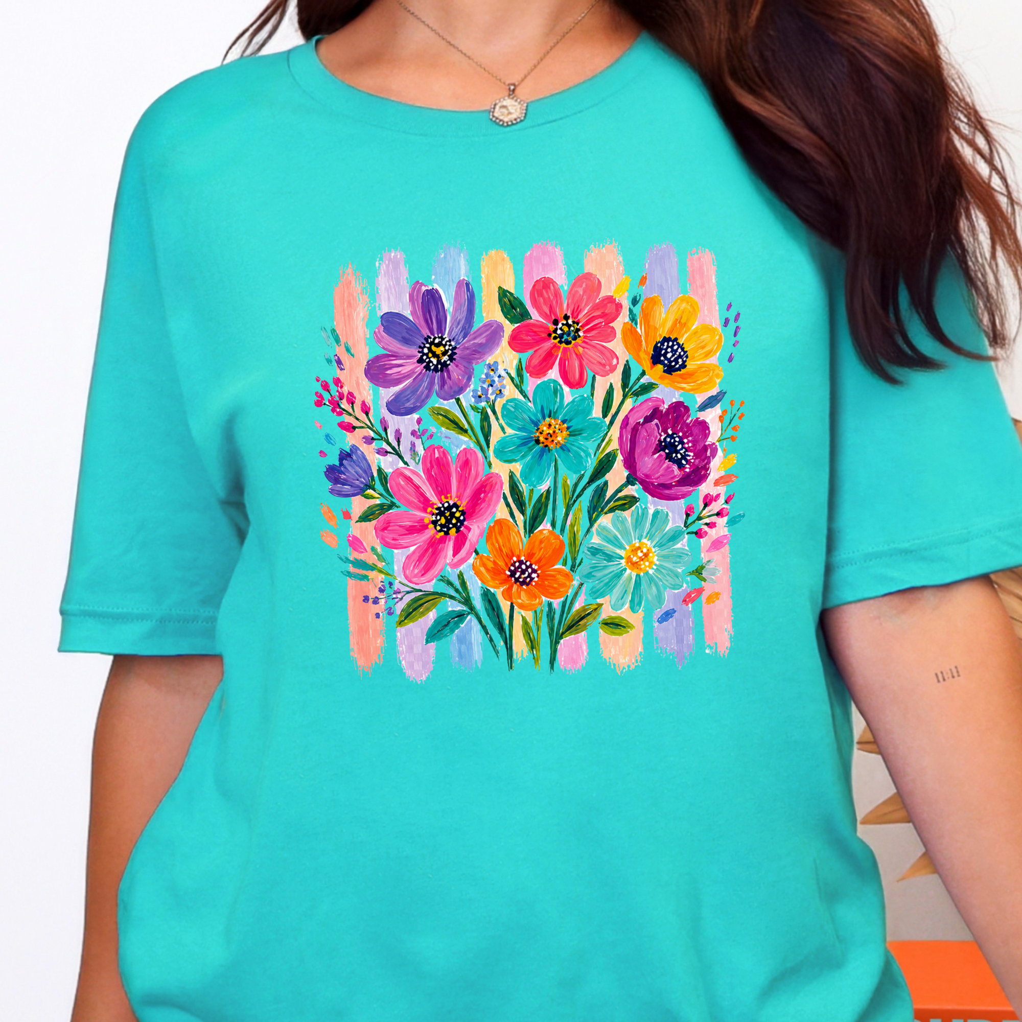 Boho Floral Brushstroke Graphic Tee - Heather Sea Green