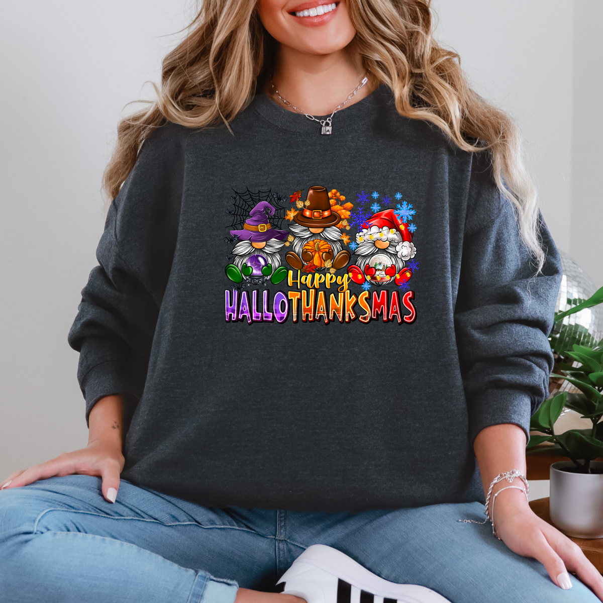 Happy Hallothanksmas Gnomes Sweatshirt - Dark Heather Sweatshirt
