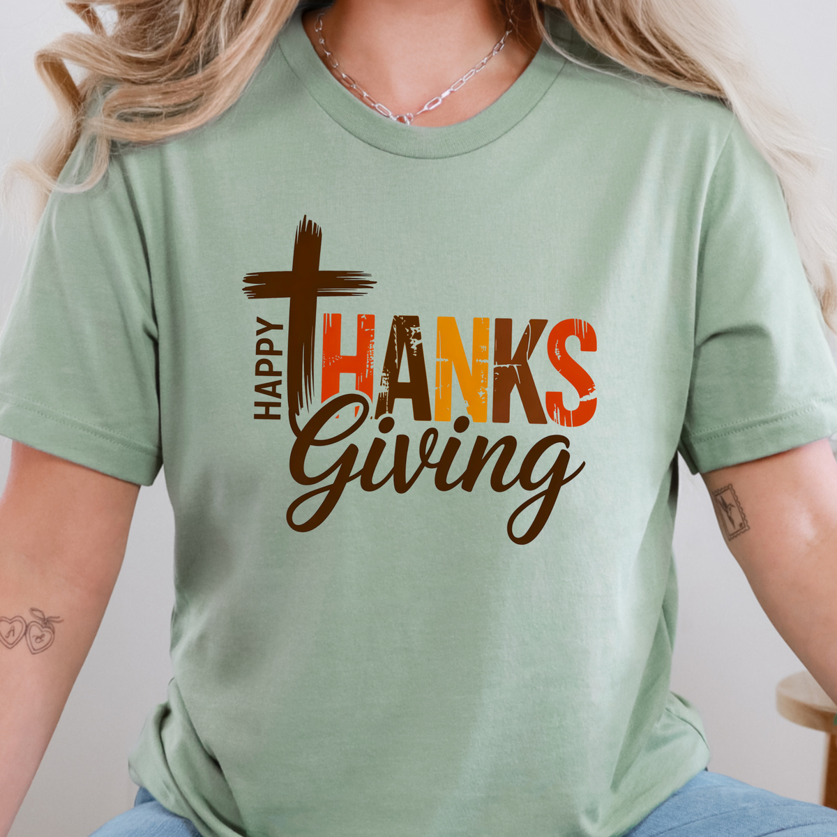Happy Thanksgiving Cross Graphic Tee - Sage