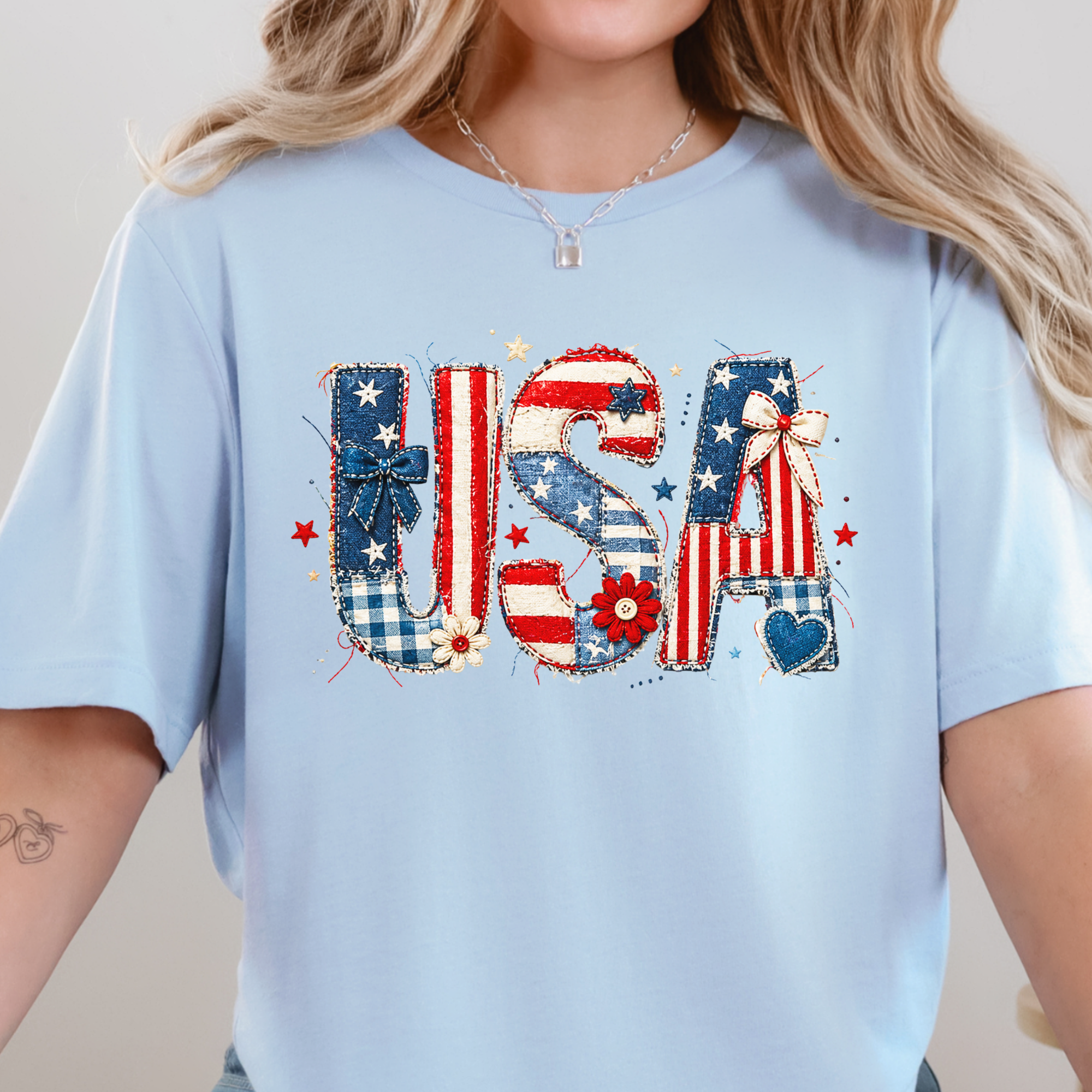 USA Patchwork Graphic Tee - Baby Blue