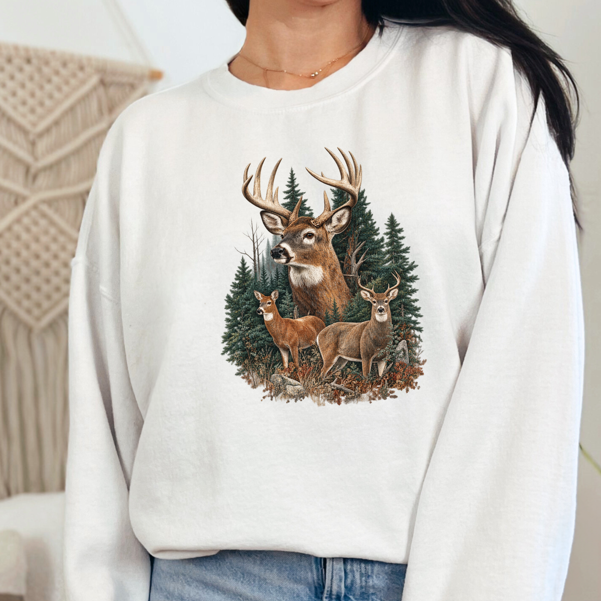 Forest Three Deer Graphic Sweatshirt - White