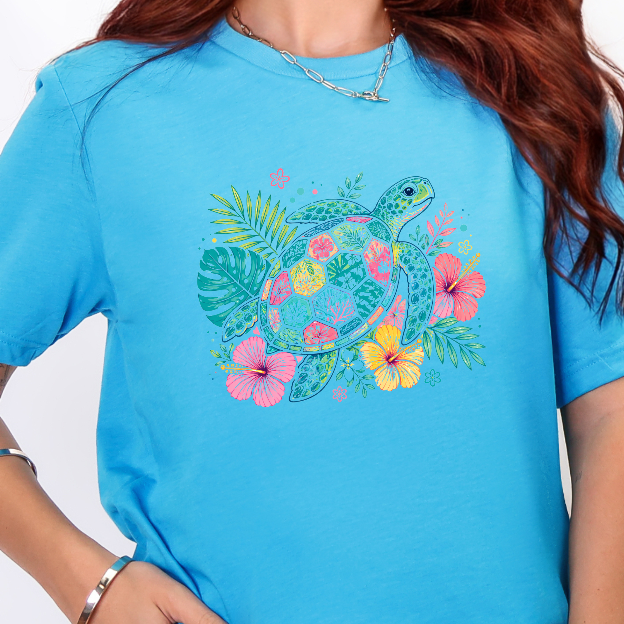 Floral Sea Turtle Graphic Tee - Heather Aqua Tee