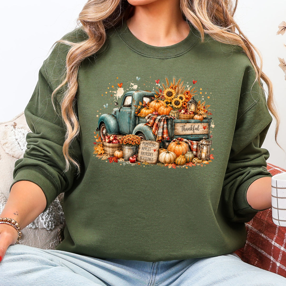 Autumn Truck Pumpkin Graphic Sweatshirt - Military Green
