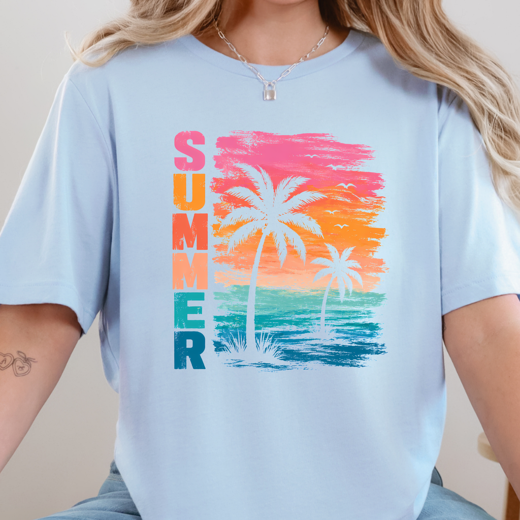 Summer Beach Sunset Graphic Tee - Baby Blue