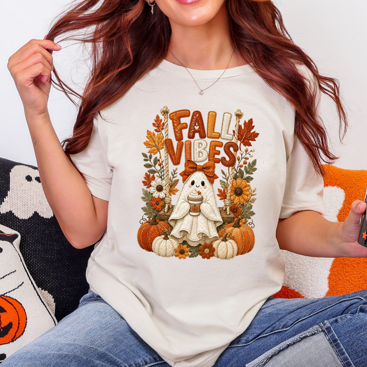 Floral Ghost Autumn Patchwork Graphic Tee - Natural