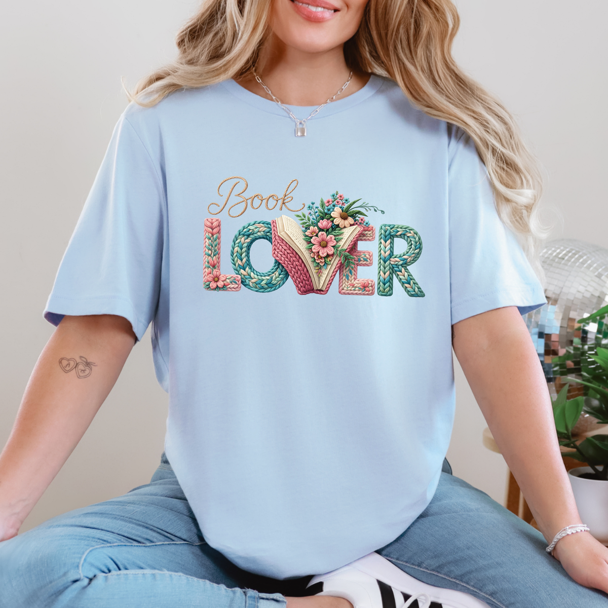 Floral Book Lover Graphic Tee - Baby Blue Tee