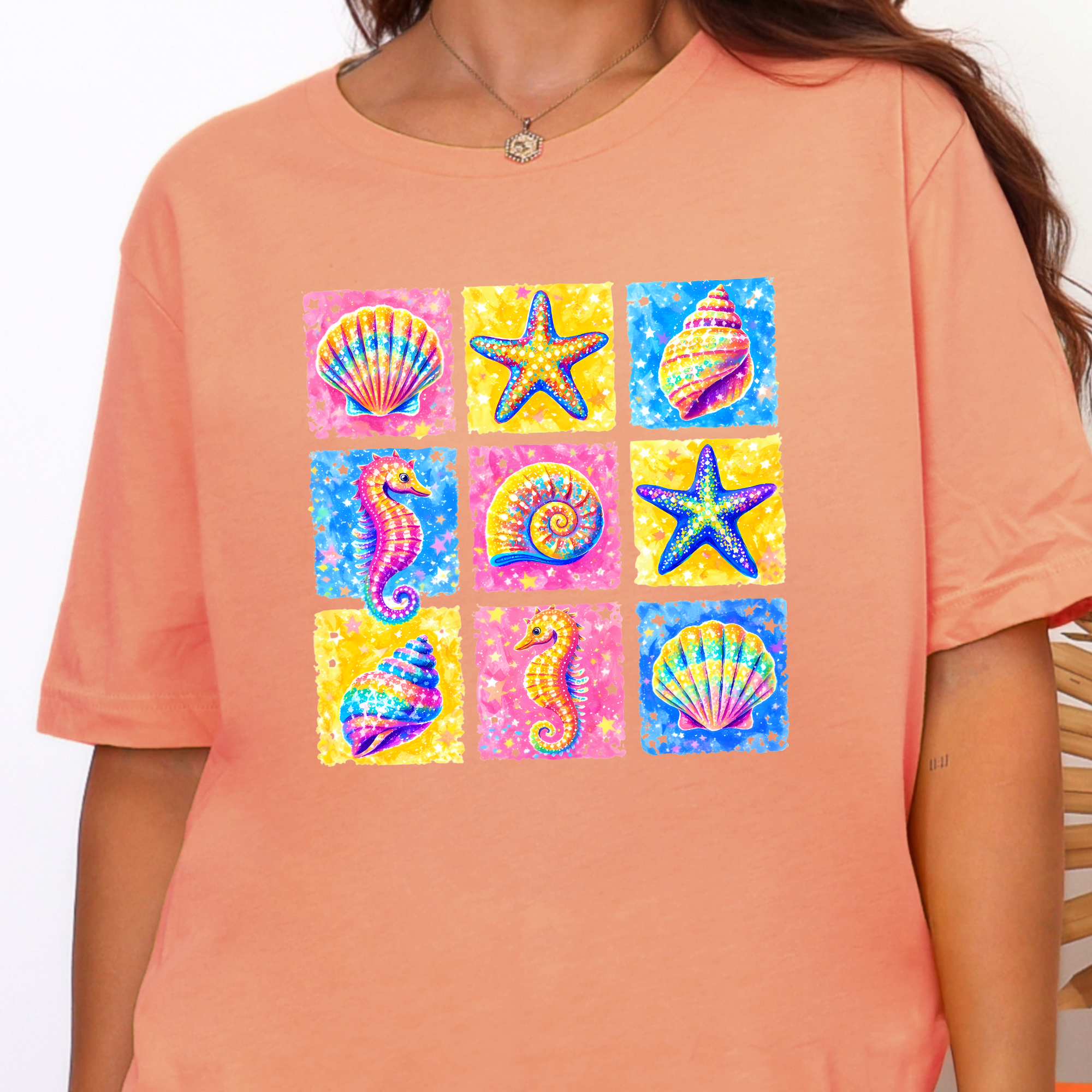 Preppy Summer Grid Graphic Tee - Sunset