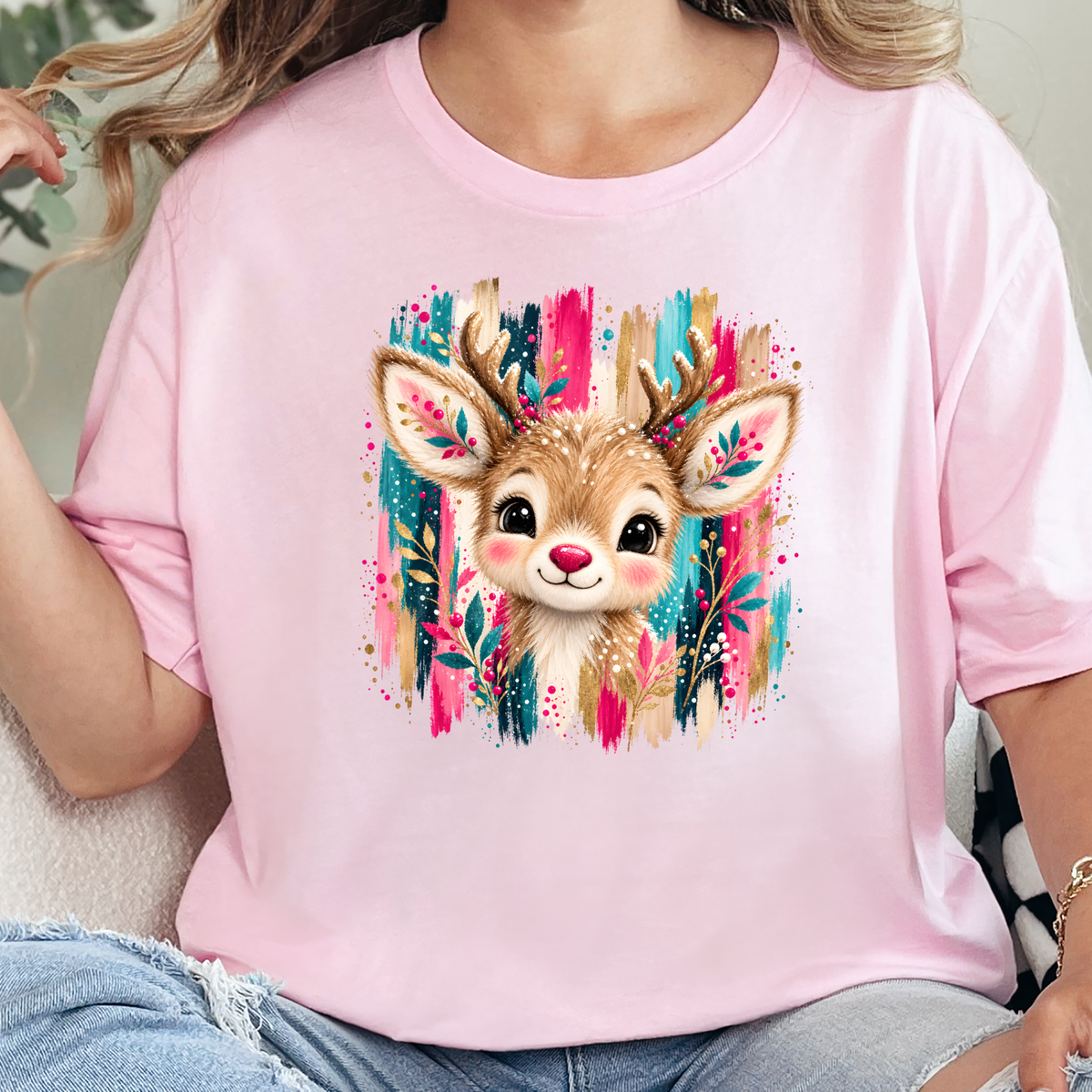 Christmas Brushstroke Reindeer Graphic Tee - Soft Pink