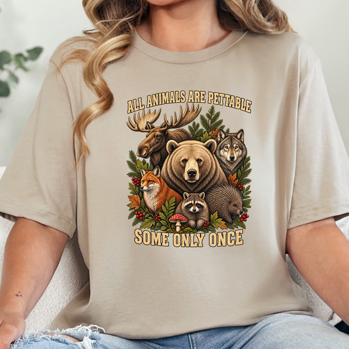 Animals Pettable Only Once Graphic Tee - Tan