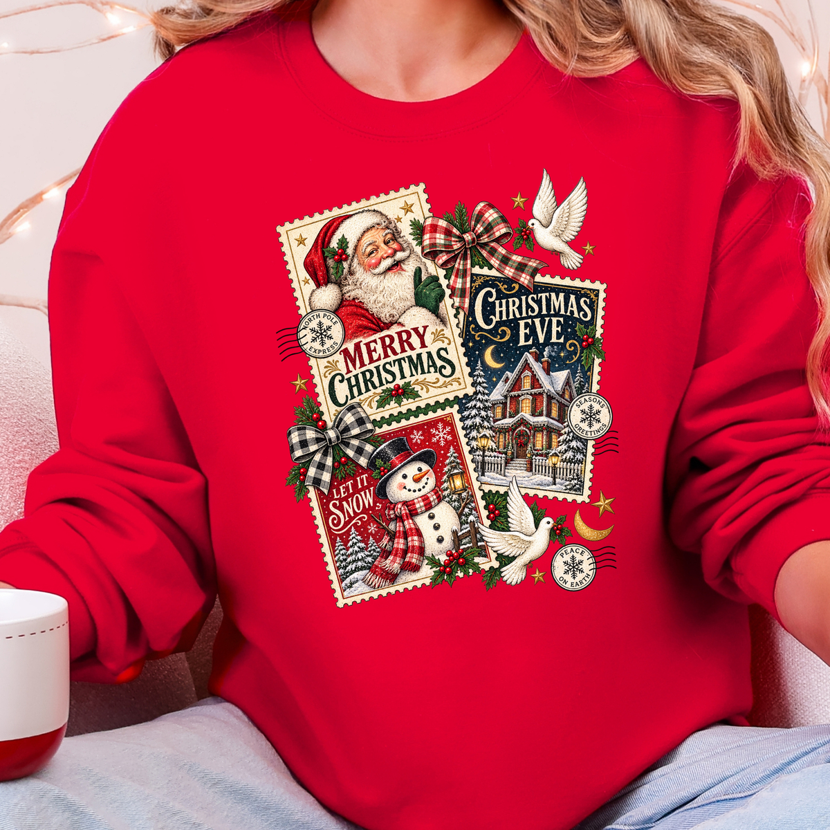 Vintage Christmas Postcard Collage Graphic Sweatshirt - Red