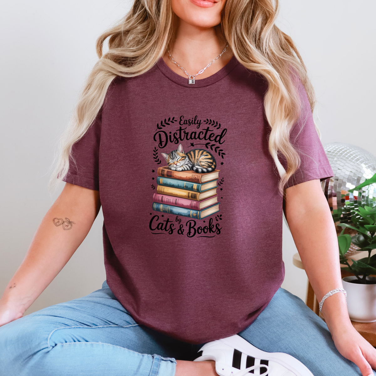 Easily Distracted by Cats & Books Graphic Tee - Heather Maroon Tee