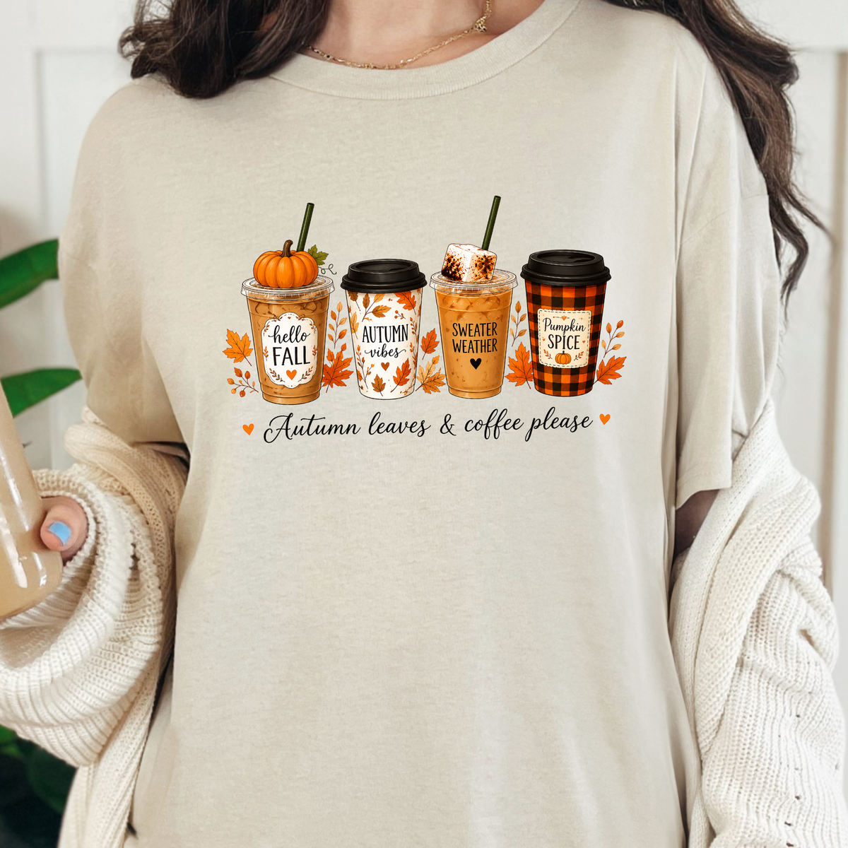 Autumn Leaves & Coffee Please Graphic Tee - Natural