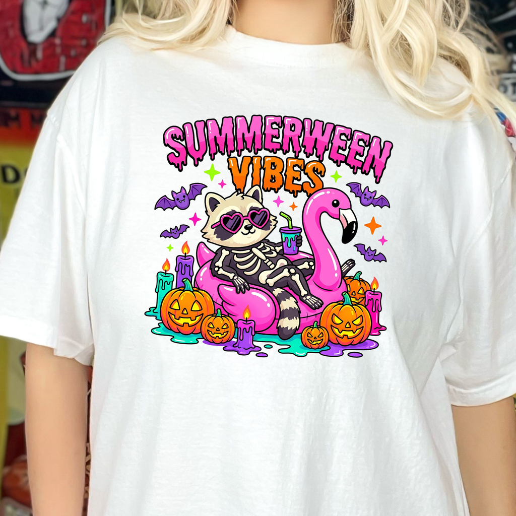 Summerween Vibes Raccoon Graphic Tee - White