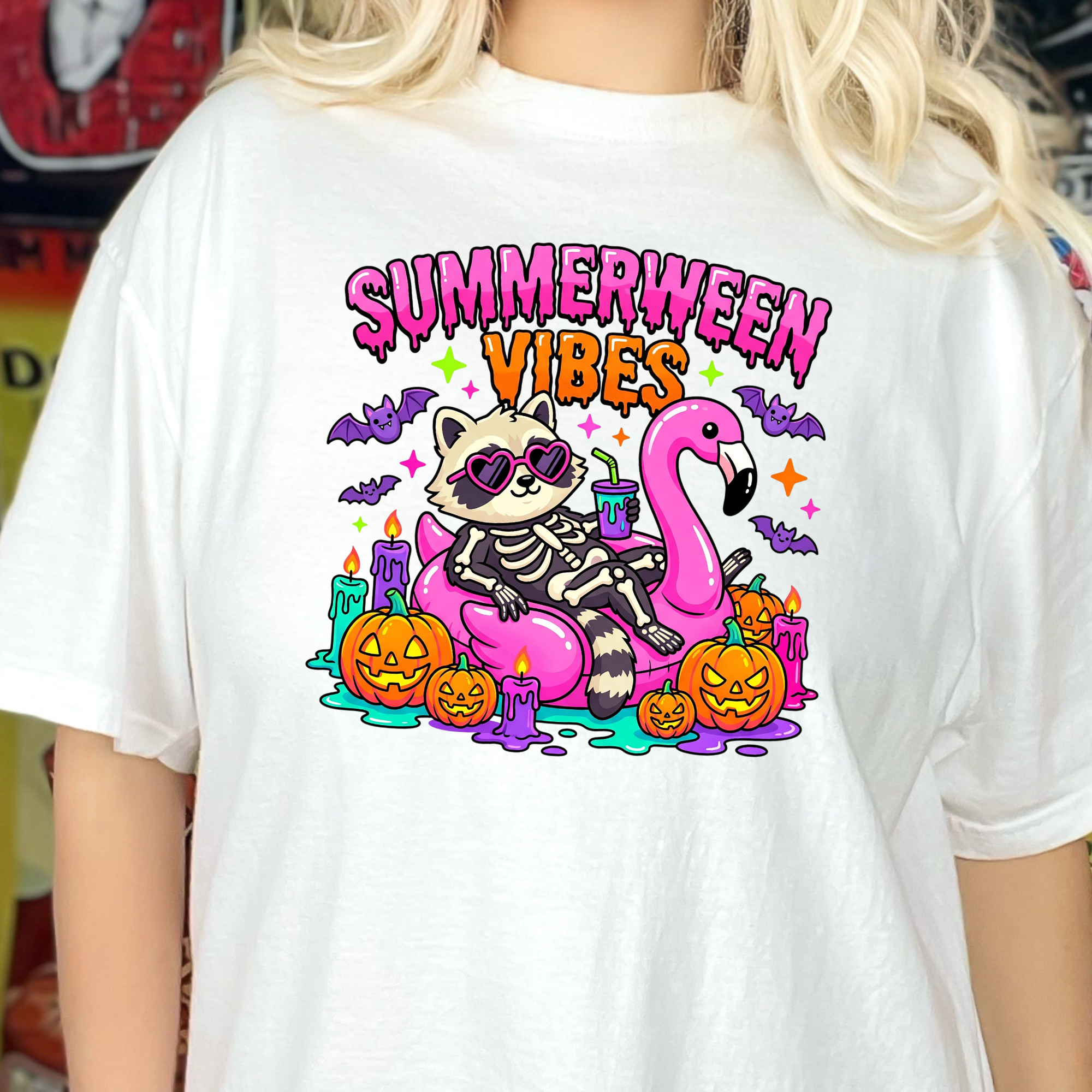 Summerween Vibes Raccoon Graphic Tee - White