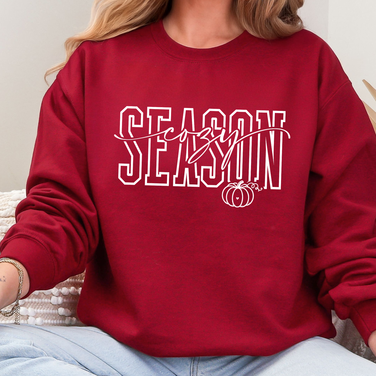 Cozy Season White Graphic Sweatshirt - Garnet