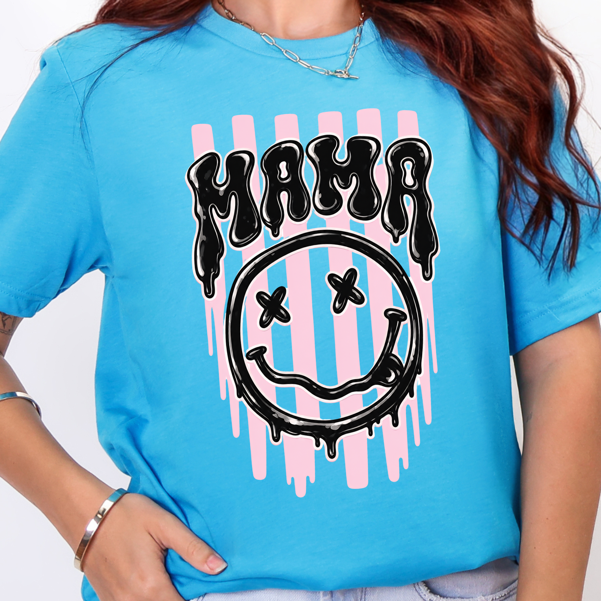 Mama Smiley Face Graphic Tee - Heather Aqua Tee