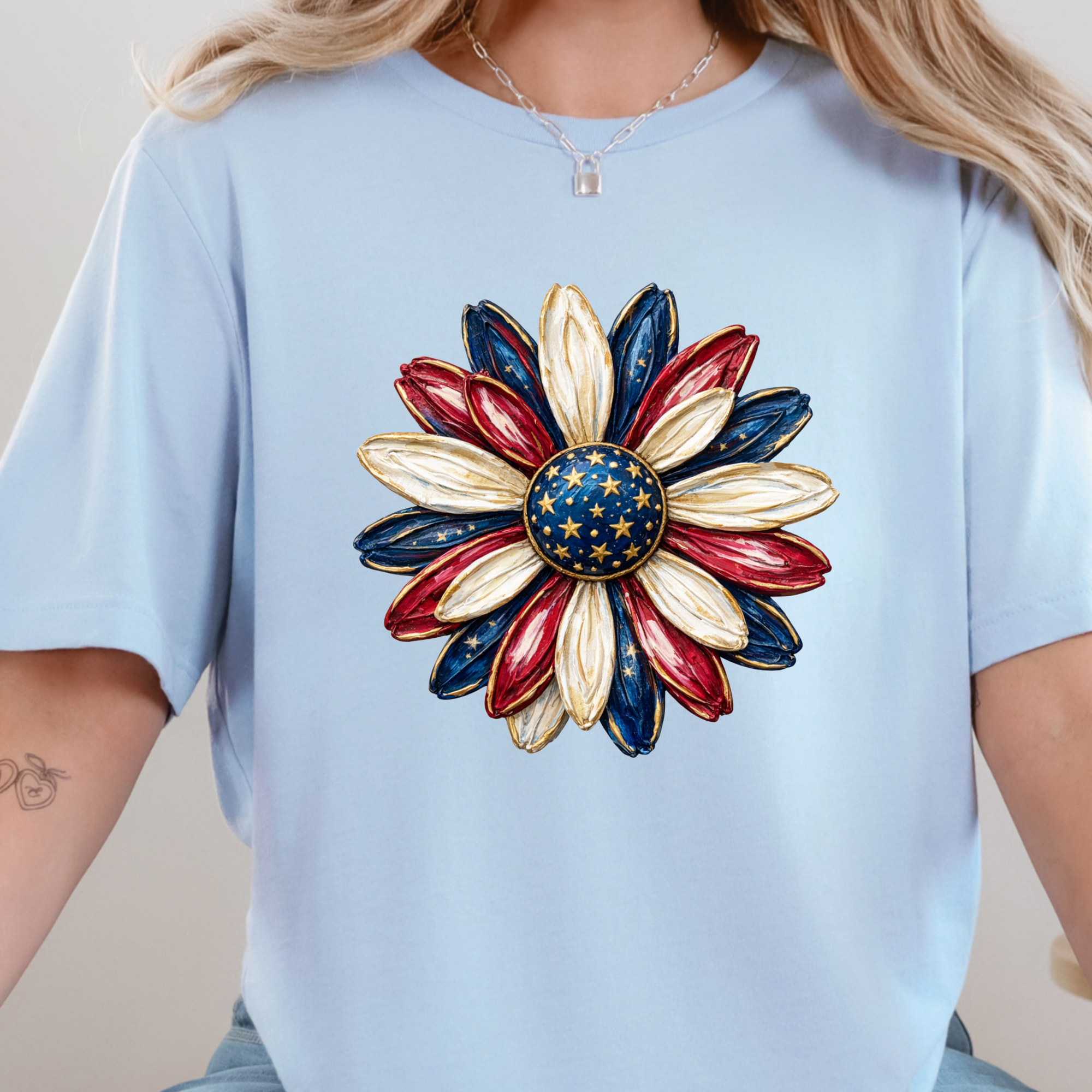 Patriotic Daisy Graphic Tee - Baby Blue Tee