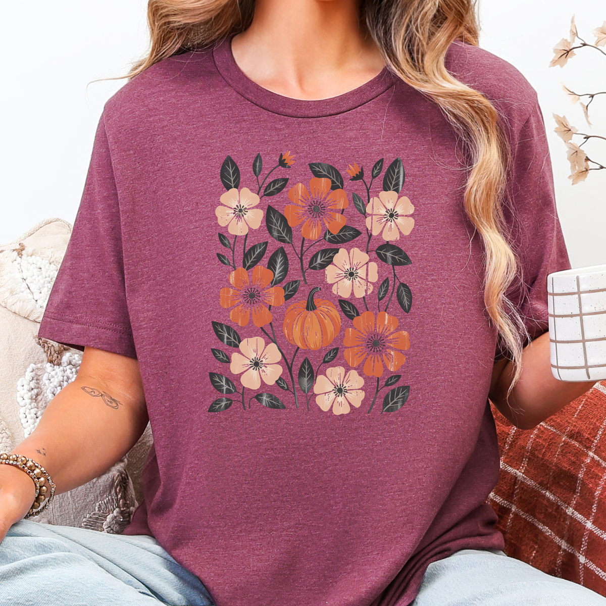 Boho Floral Fall Graphic Tee - Heather Maroon